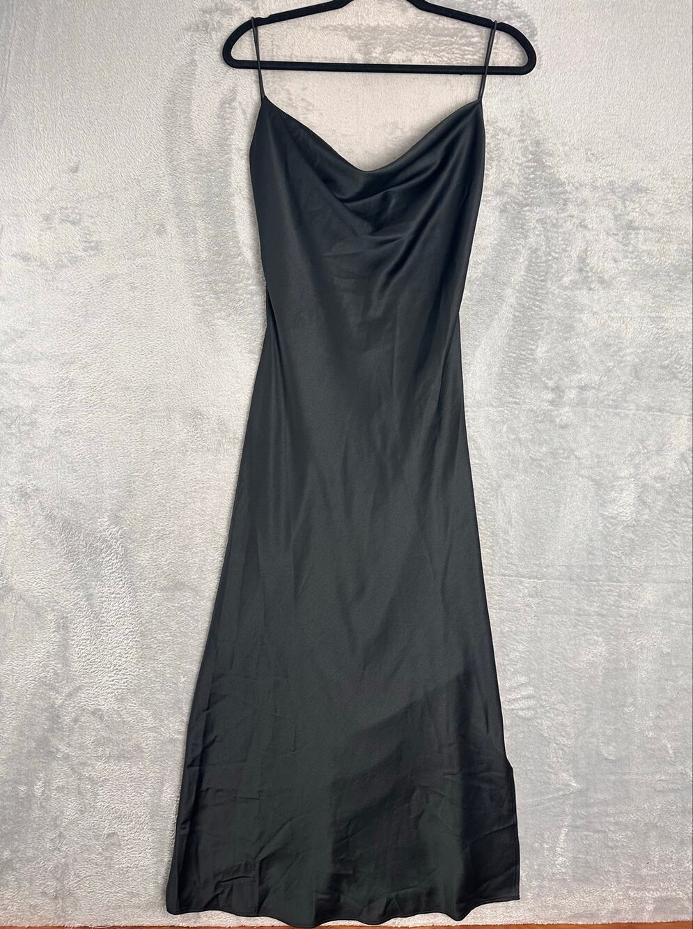 AsYou Black Satin Maxi Slip Dress Size 4 90s Minimalist Backless Cowl Neck Noir